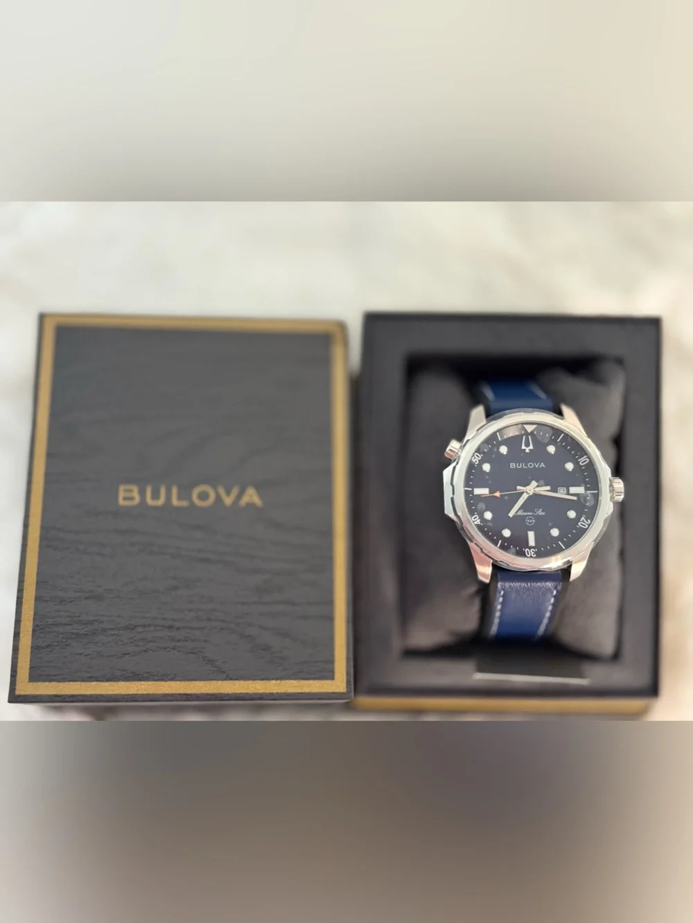 Bulova Marine Star Men’s Watch 96B419 Blue Leather NWT Box